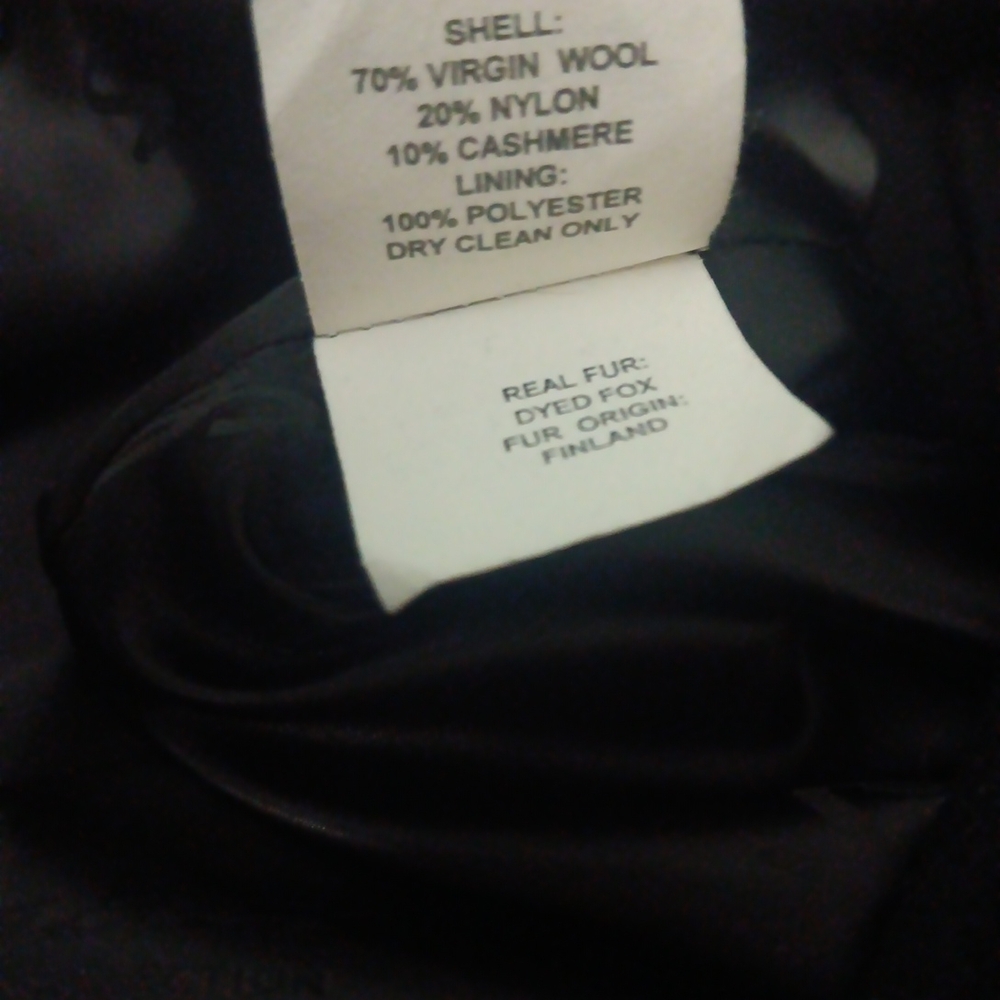 SACHI Black Pea Coat Wool Nylon Cashmere with Fox Fur Collar Button Up - Picture 8 of 8